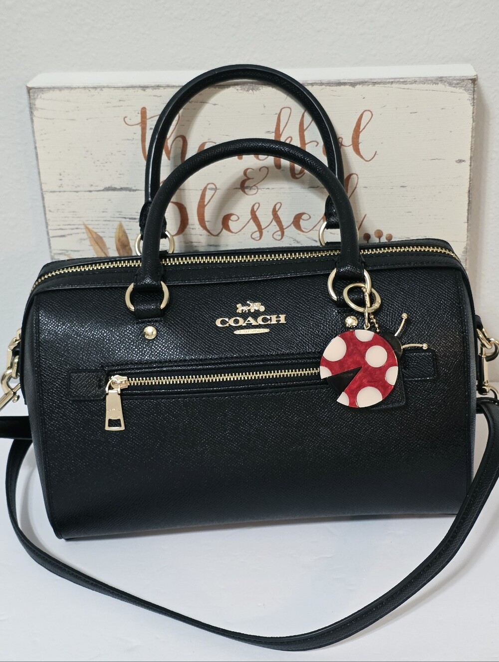 Coach Rowan BLACK Gold Medium Crossbody Bag Crossgrain Leather Shoulder Purse π - Picture 5 of 15